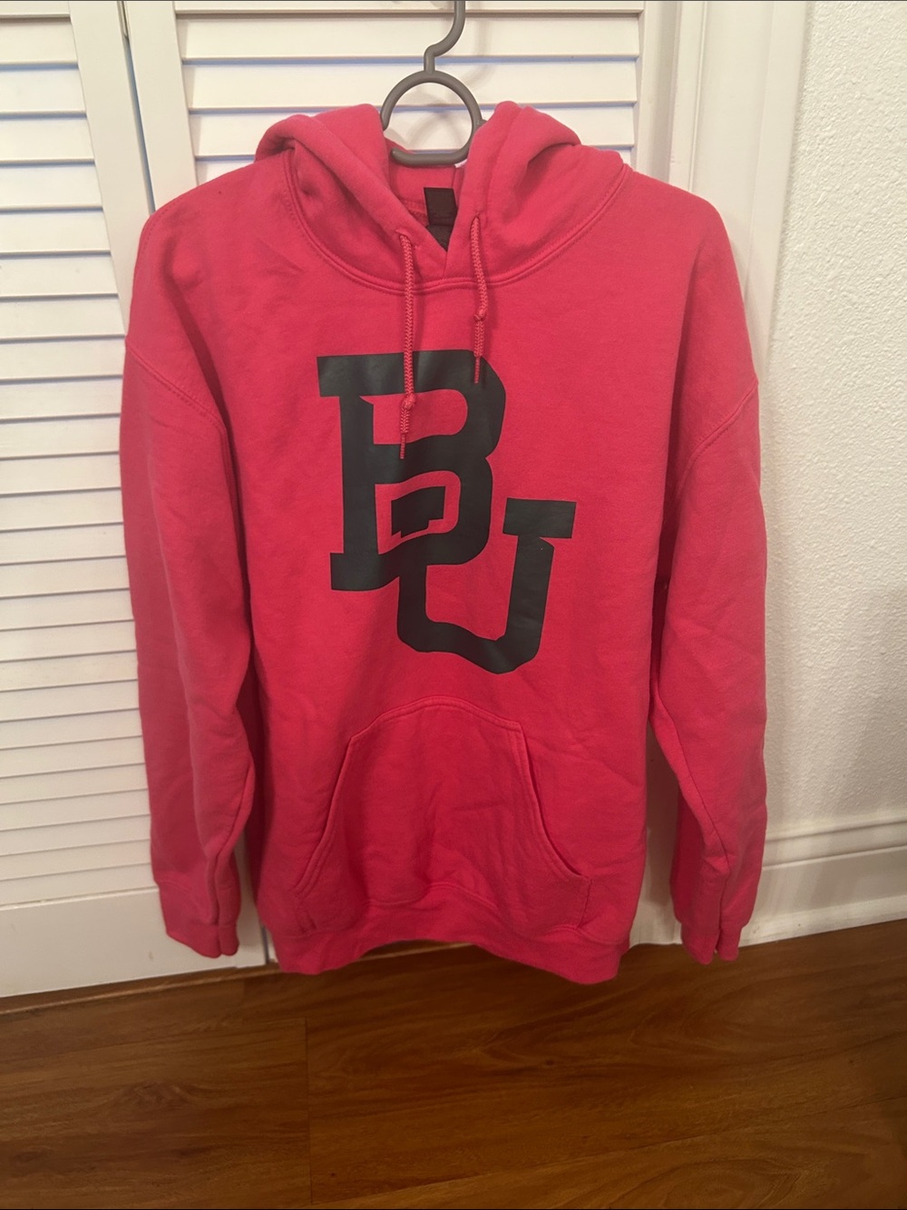 Gildan Pink Crewneck Hoodie with Green BU Logo